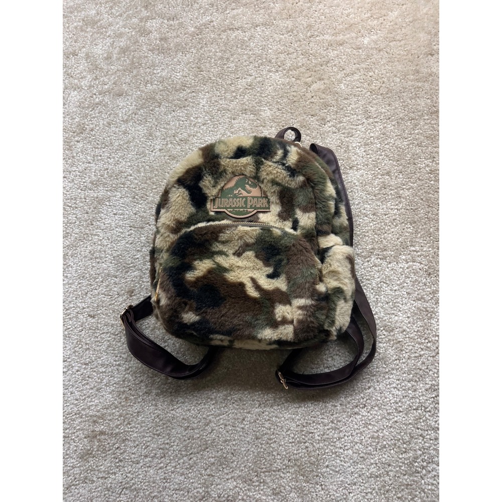 Jurassic Park Camouflage Faux Fur Mini Backpack Green Brown Gold Hardware